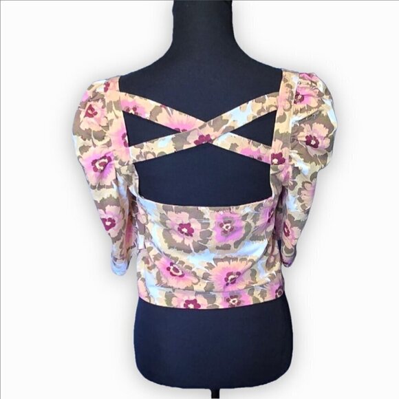 Free People Floral Puff Sleeve Crop Top L NEW Cottagecore Boho Peasant Milkmaid - Picture 5 of 10